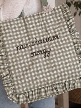 Main Character Energy Gingham Ruffled Tote Bag | Sage Green Canvas Embroidered